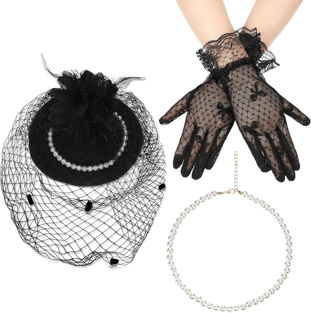 Halloween Fascinators Hats for Women Tea Party Headband Hat with Short Lace Gloves Pearl Necklace... | Amazon (US)