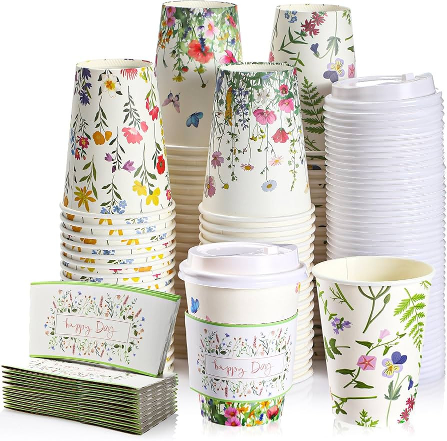 Remerry 48 Pcs 12oz Floral Disposable Coffee Cups with Lids and Sleeves Paper Insulated Drink Hot... | Amazon (US)
