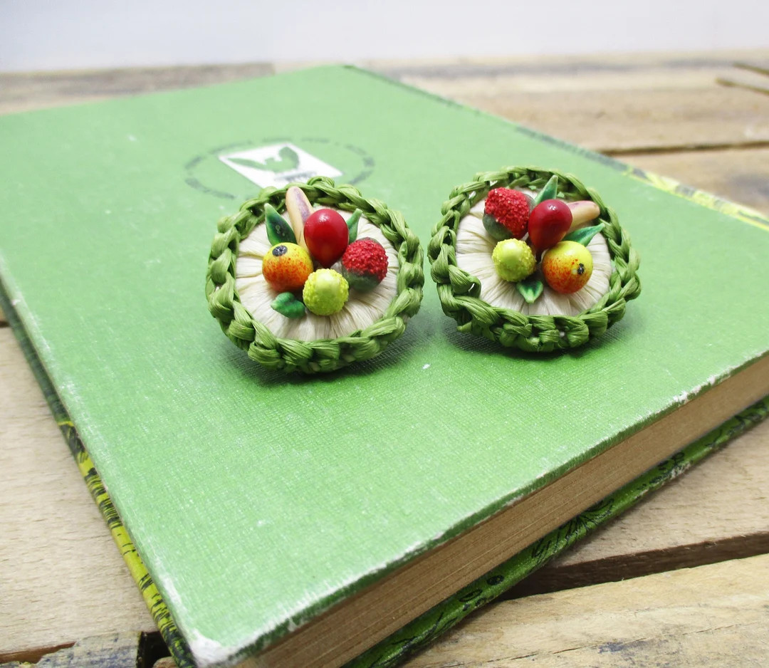 Vintage Tropical / Island Earrings - Woven Raffia with Tropical Fruit Mix. Very ornate. | Etsy (US)