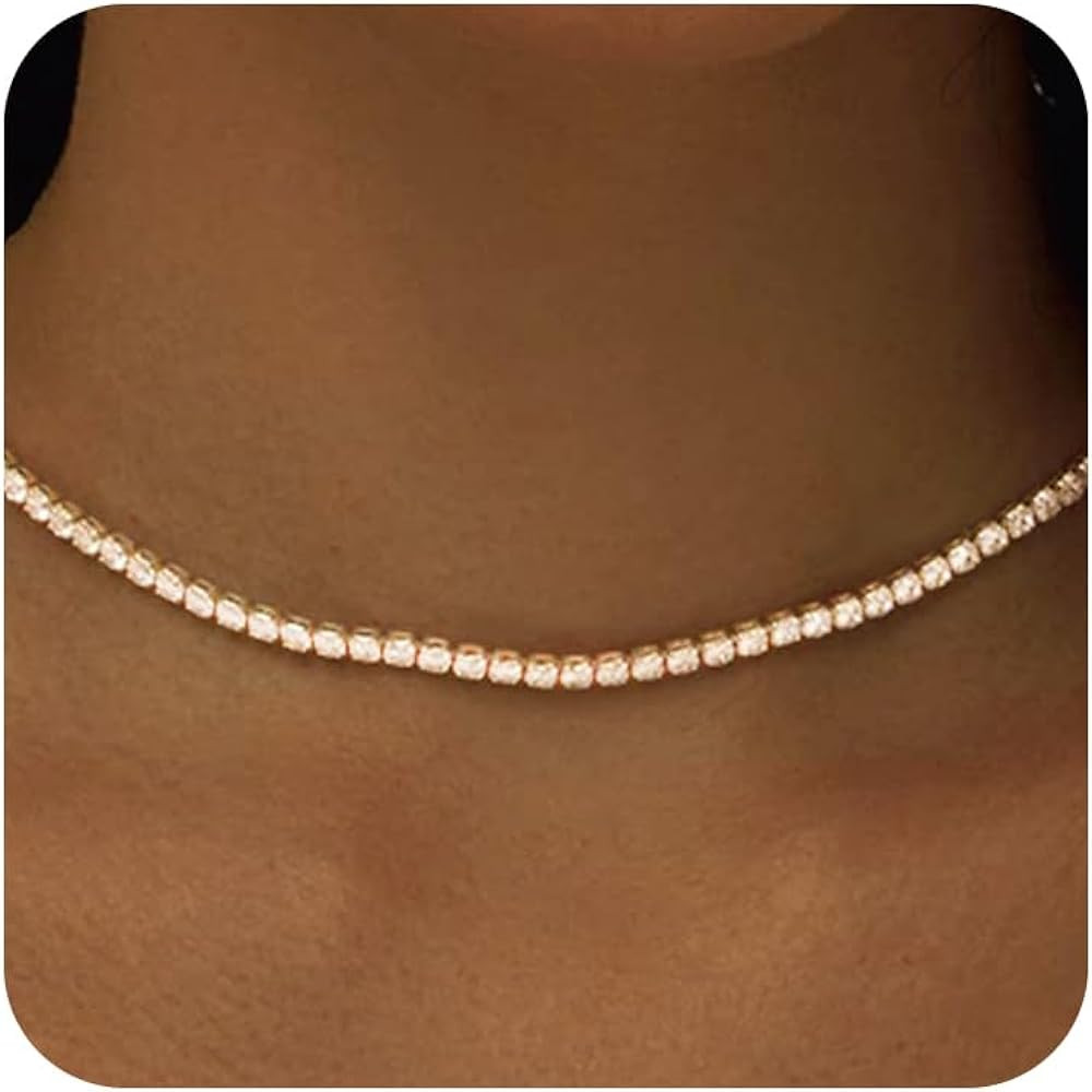 Tennis Necklace for Women 14K Gold Plated or Silver Rhinestone Choker Necklaces Dainty Zirconia C... | Amazon (US)