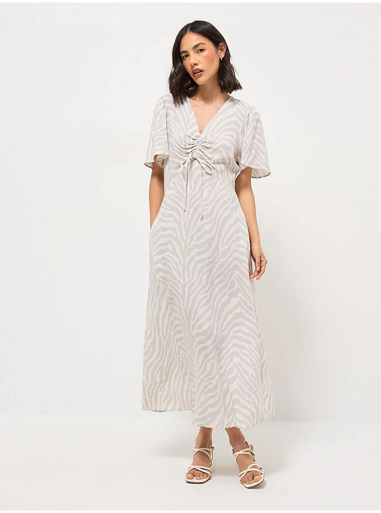 Light Grey Zebra Print Ruched Bust Midi Dress | George