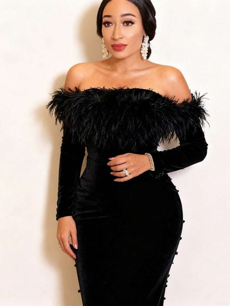 Women's Feathered Off-Shoulder Mermaid Gown With All-Over Crystals - Formal Evening Dress Featuring A Bodycon Silhouette And Dramatic Plume Trim For Galas & Red Carpet | SHEIN