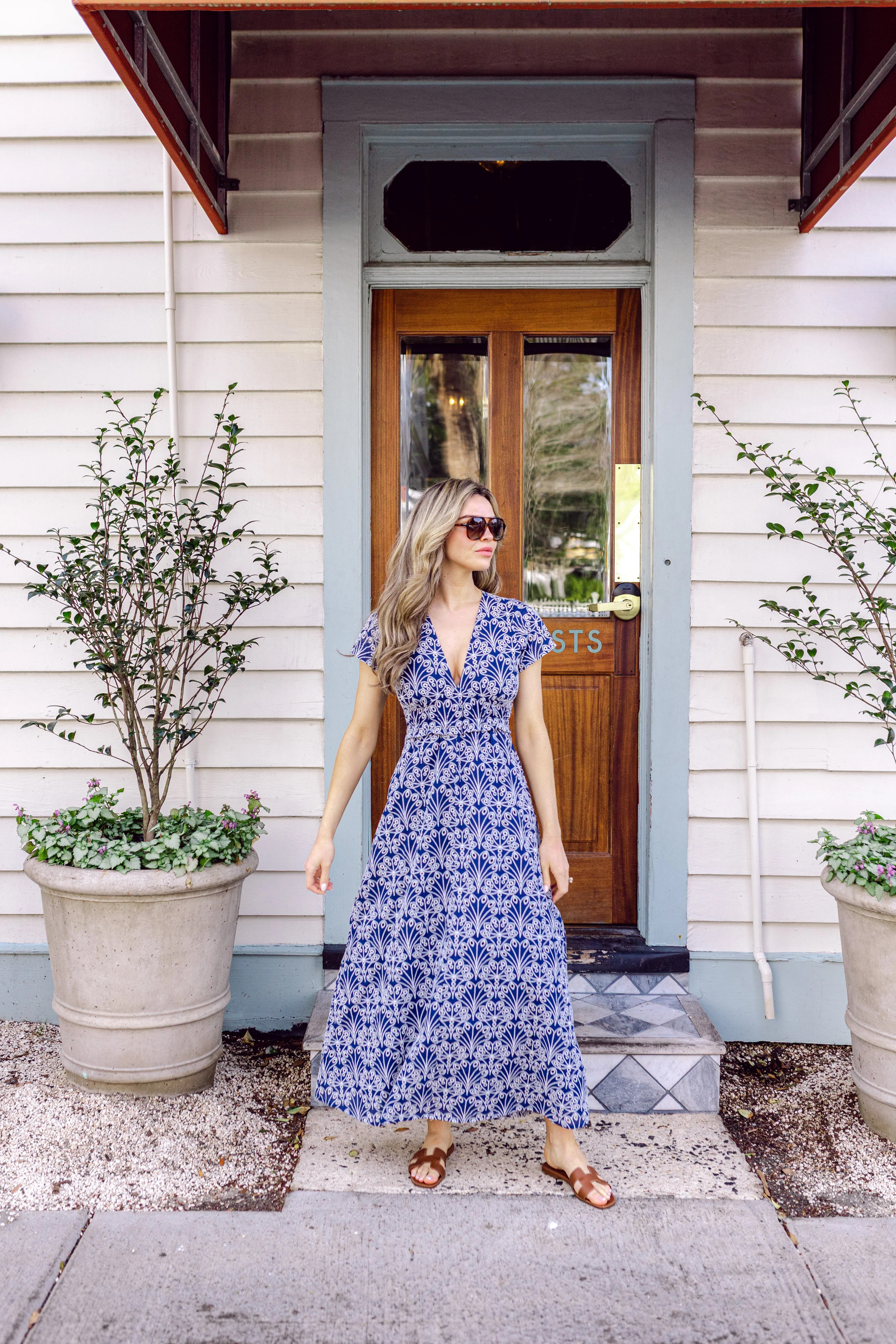 Navy Shell Eyelet Short Sleeve V-Neck Maxi Dress | Sail to Sable