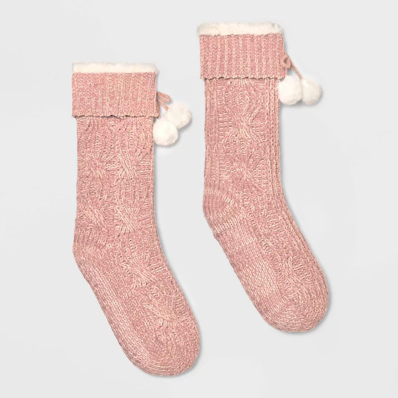 Women's Two-Tone Cable Chenille Faux Shearling Lined Slipper Socks with Faux Fur Poms & Grippers ... | Target