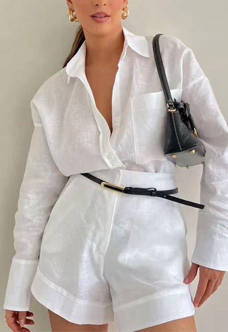 Casual Patch Pocket Buttoned Shirt and Shorts in White for Urban Daily Wear & Coffee Runs | Chicwish