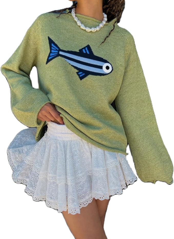 Women Fashion Rib Knit Fish Graphic Oversized Sweater Y2k Vintage Crew Neck Loose Fit Knitted Pul... | Amazon (US)