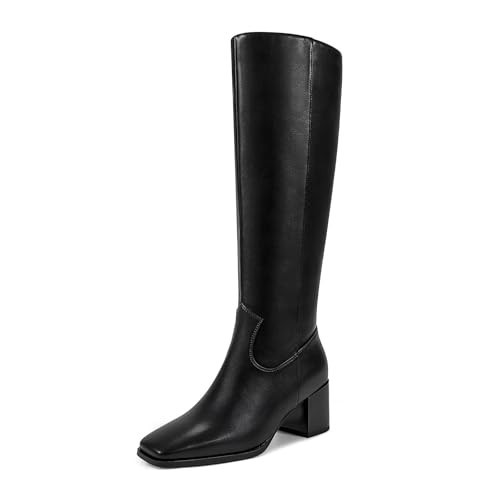 wetkiss Knee High Boots Women Black Boots for Women Black Knee High Boots Chunky Boots Thigh High Boots for Women Gogo Boots Tall Black Boots for Women Long Boots Block Heel Square Toe Leather Boots | Amazon (US)