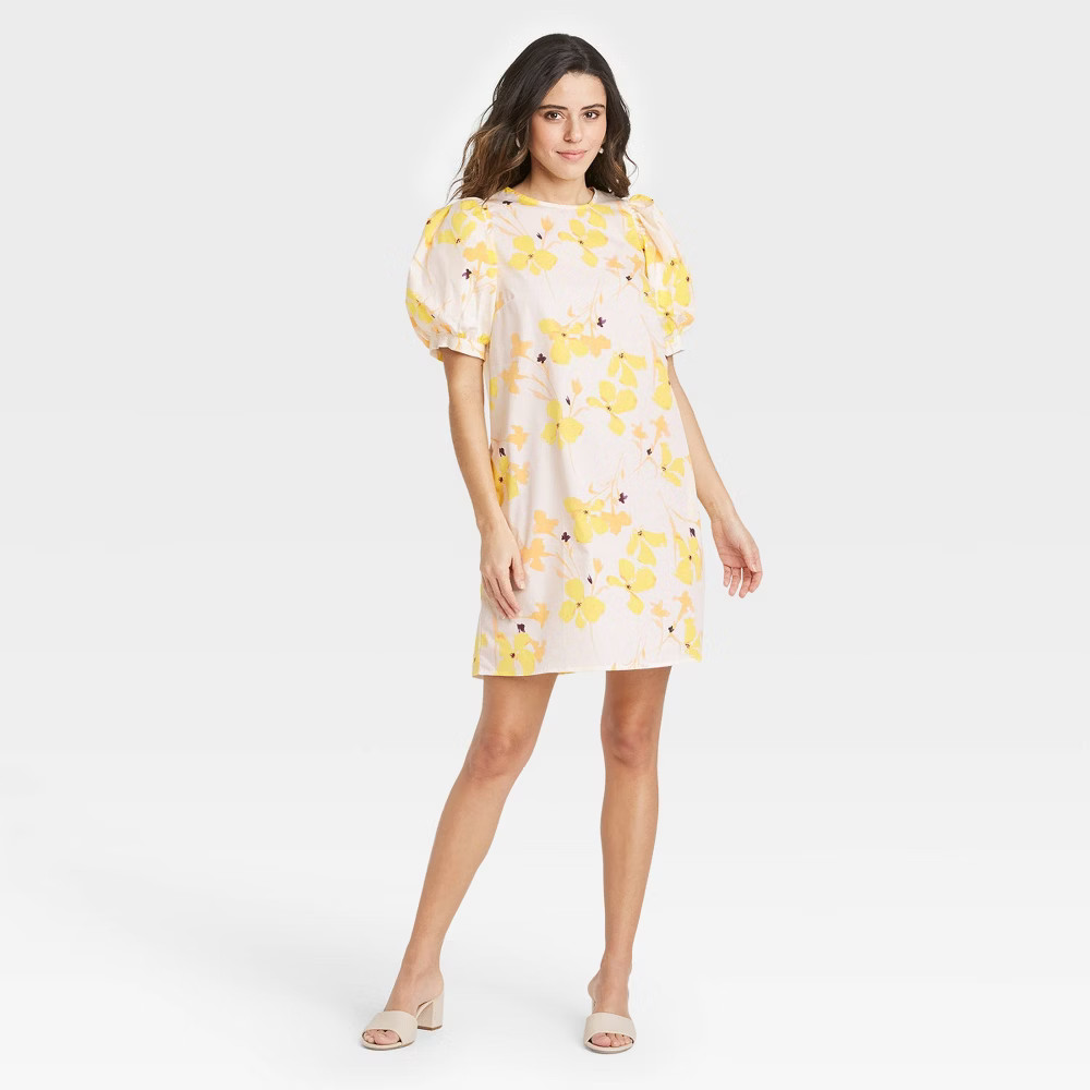 Women's Floral Print Puff Short Sleeve Dress - A New Day Cream M, Ivory | Target