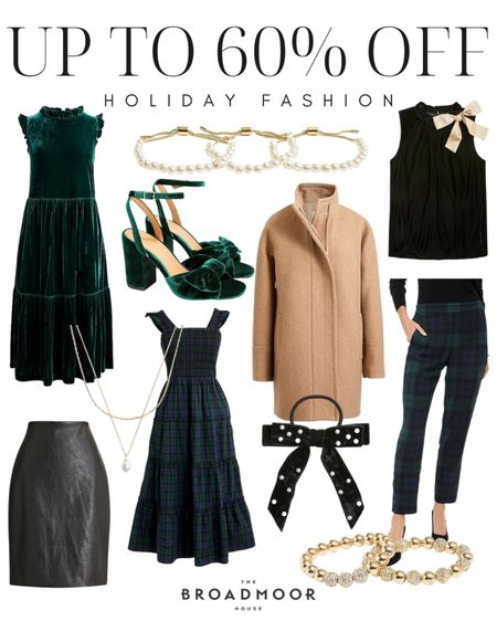 I love this holiday fashion! All up to 60% off! Holiday fashion, holiday party, family Christmas pictures, family photo outfit, pea coat, travel, vacation, coat, Christmas plaid, Christmas dress, leather skirt, sitting skirt, jewelry, gift for her, gift guide, green velvet, dark green dress, green shoes, bow, gold jewelry, necklace, pearls, bow, Christmas party, Christmas party outfit, winter outfit, holiday outfit

#LTKsalealert #LTKHoliday #LTKstyletip