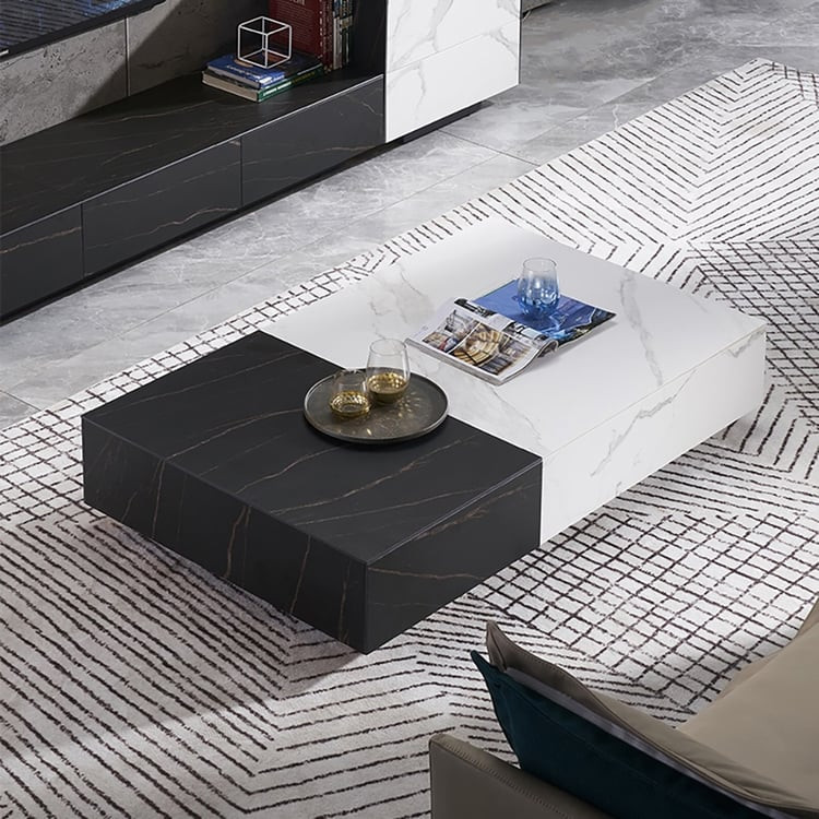 Black & White Coffee Table with Storage Rectangle Sintered Stone Top & Wood Drawers | Homary