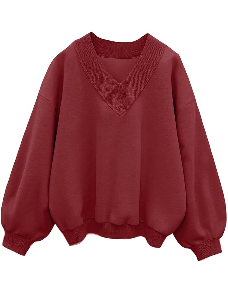 Hilinker Womens V Neck Oversized Sweatshirts Casual Drop Shoulder Long Sleeve Pullover Tops | Amazon (US)