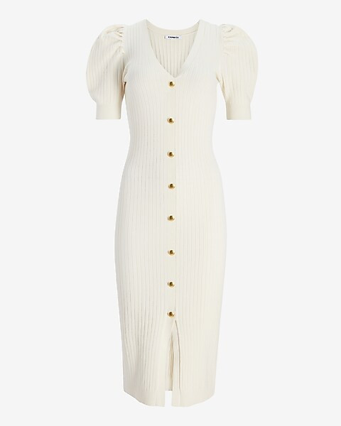 Button Front Puff Sleeve Sweater Dress | Express