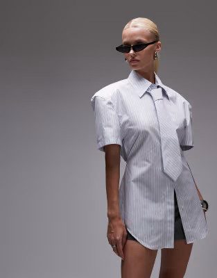 › ASOS DESIGN shoulder pad short sleeve shirt with tie in stripe | ASOS (Global)