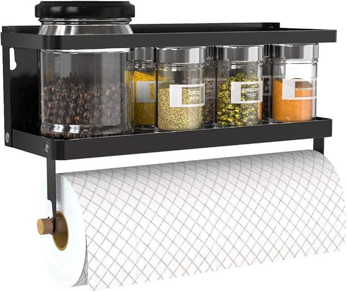 Magnetic Paper Towel Holder, 2-in-1 Magnetic Spice Rack with Hooks,Wall Mount Shelf Towel Rack fo... | Amazon (US)