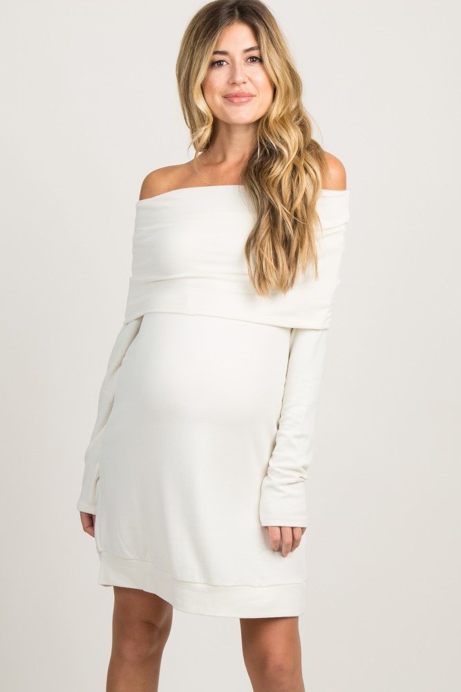 Cream Foldover Off Shoulder Knit Maternity Dress | PinkBlush Maternity