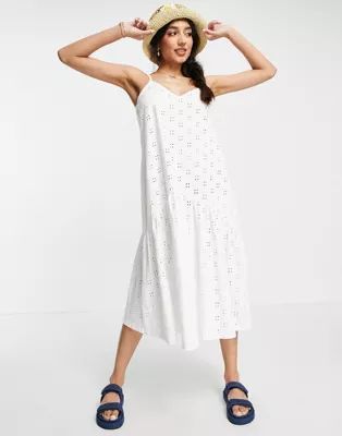 ASOS DESIGN eyelet strappy midi dress with drop waist in white | ASOS (Global)
