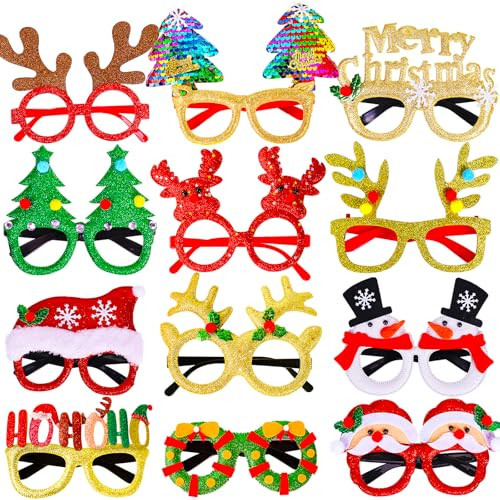 Max Fun 12Pcs Christmas Glasses Glitter Holiday Party Glasses Frames Christmas Decoration Accessories Costume Eyeglasses for Christmas Parties Holiday Favors (One Size Fits All) | Amazon (US)