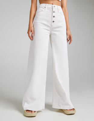 Bershka wide leg button up jean in ecru | ASOS (Global)