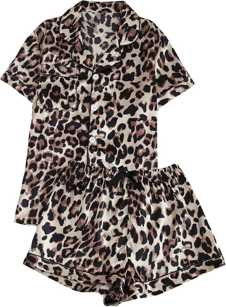 SHENHE Women's 2 Piece Satin Pajama Set Leopard Short Sleeve Button Down Pj Shorts Set | Amazon (US)