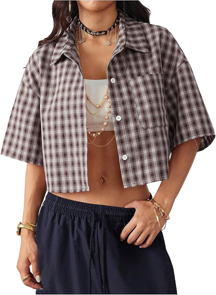 SOLY HUX Women's Button Down Vintage Plaid Shirts Short Sleeve Crop Blouses Preppy Clothes | Amazon (US)