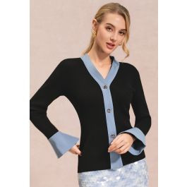Contrast-Trim Flare Cuffs Buttoned Knit Top for Theatre Nights & Elegant Suppers | Chicwish