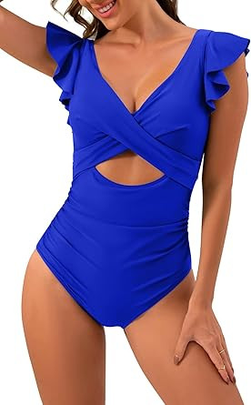 B2prity Women's One Piece Swimsuit Ruffle Cutout Bathing Suits Slimming Tummy Control V Neck Wrap... | Amazon (US)