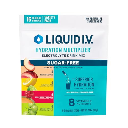 Liquid I.V.® Hydration Multiplier Sugar-Free Variety Pack - Raspberry Melon, Lemon Lime, White Peach, Green Grape | Electrolyte Powder Drink Mix | 1 Pack (16 Servings) | Amazon (US)