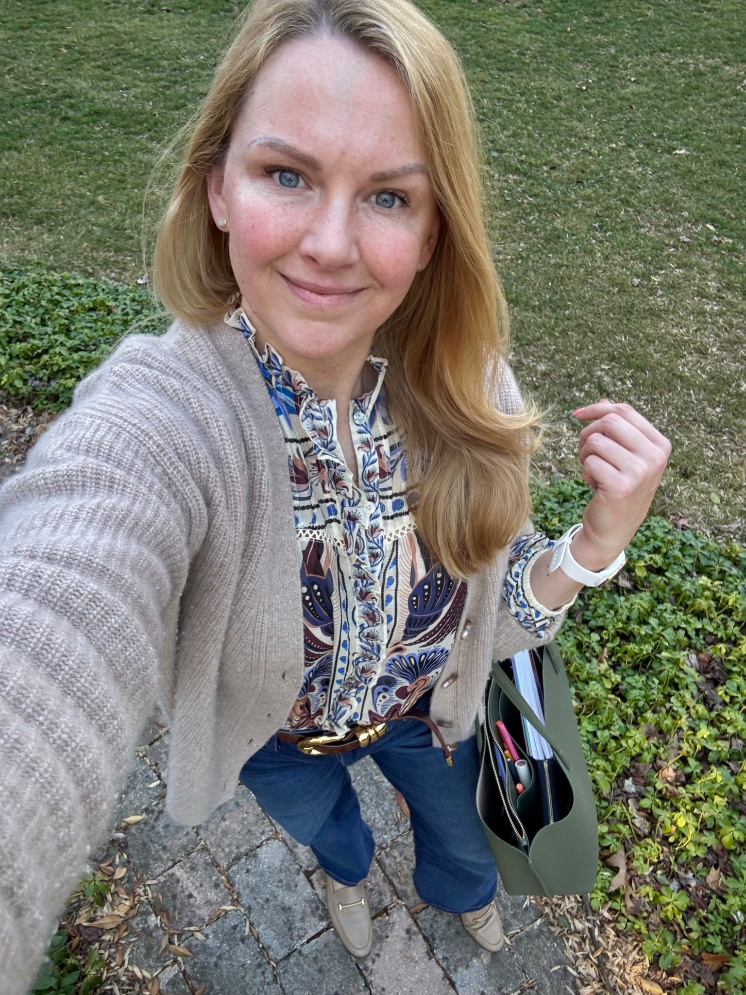 Casual work outfit of the day — Colorful blouse with cardigan sweater and favorite wide leg jeans 

#LTKdayinmylife #LTKSeasonal