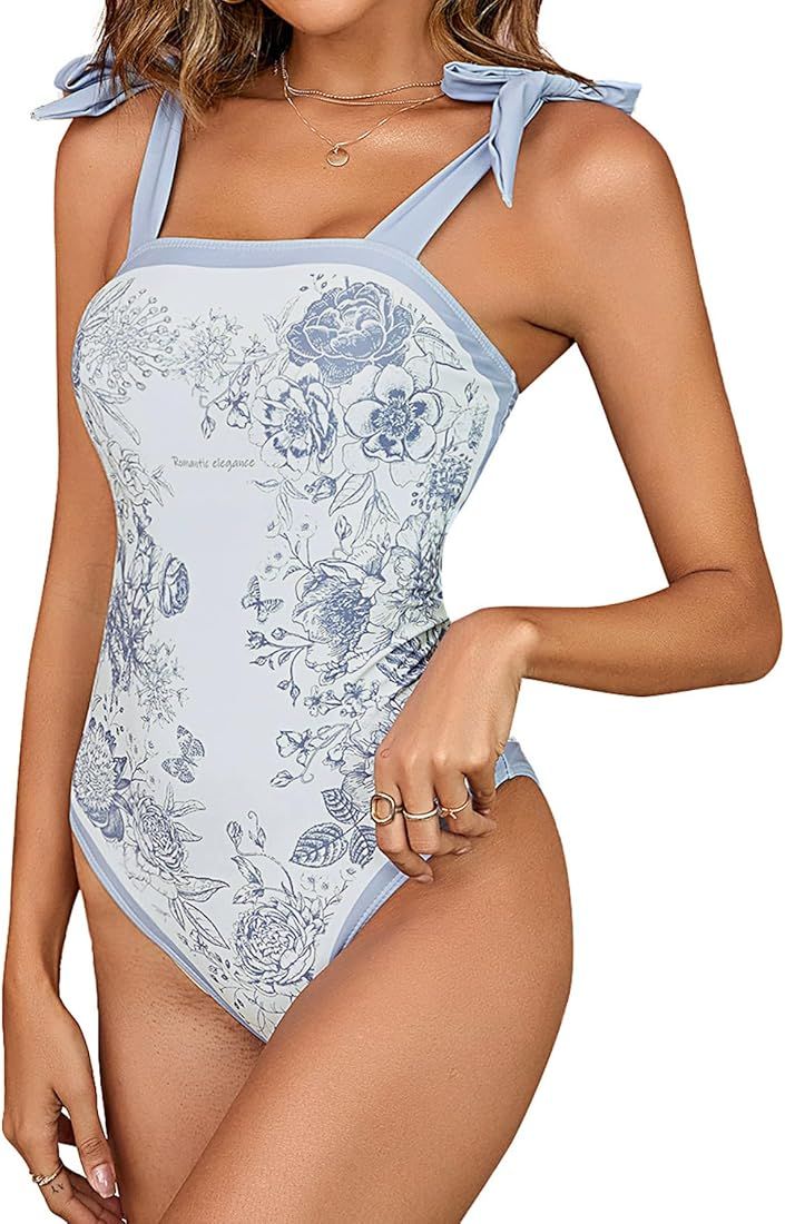 WDIRARA Women's Floral Print One Piece Swimsuits Square Neck Tie Shoulder Monokini Tummy Control ... | Amazon (US)