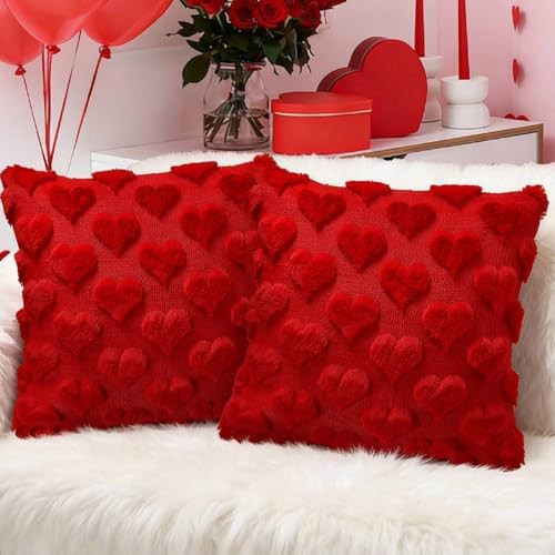 Valentines Day Decoration Pillow Covers - 18x18 inch Set of 2 Heart Shaped Pattern Faux Fur Soft ... | Amazon (US)