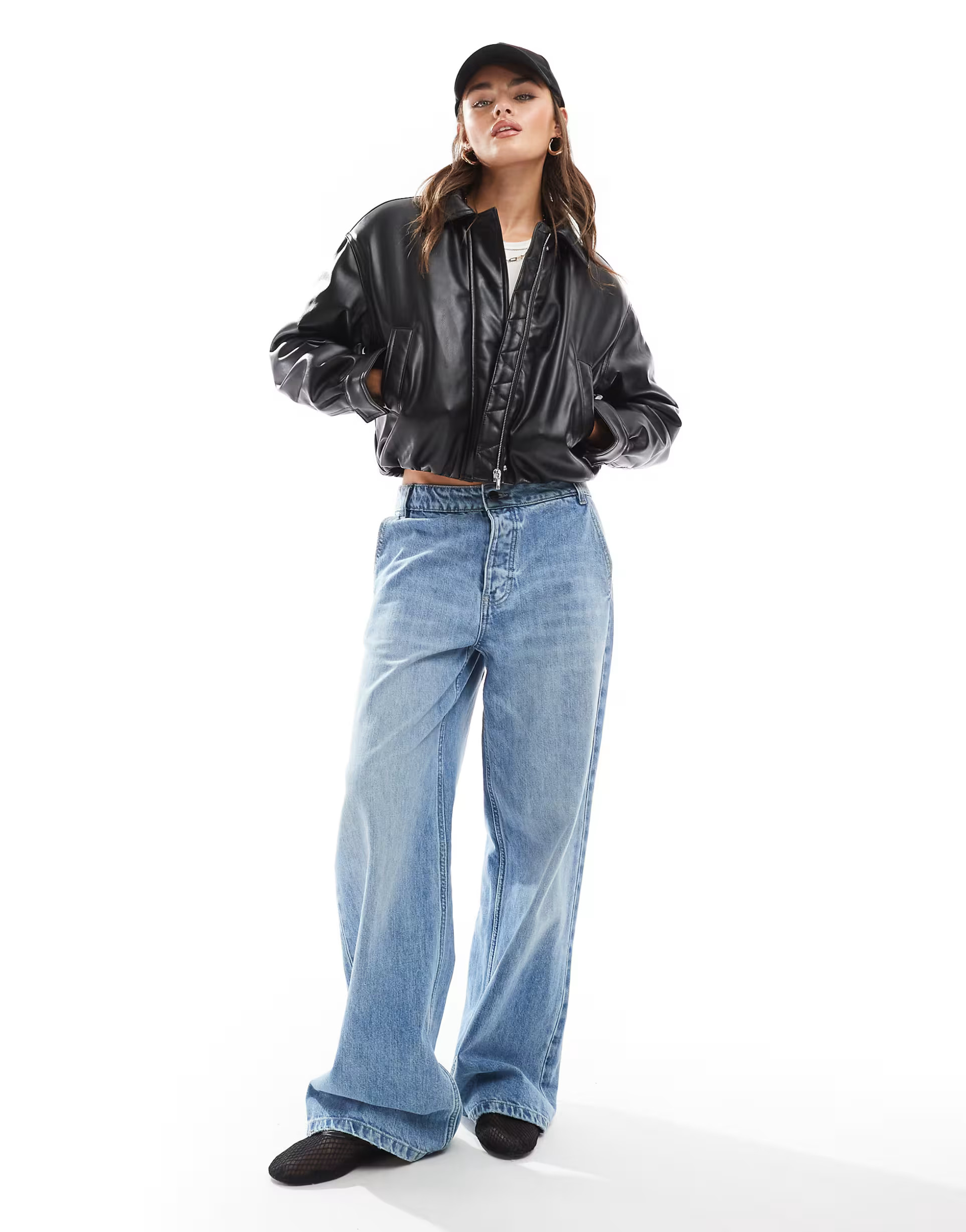 ASOS DESIGN clean leather look bomber jacket in black | ASOS (Global)