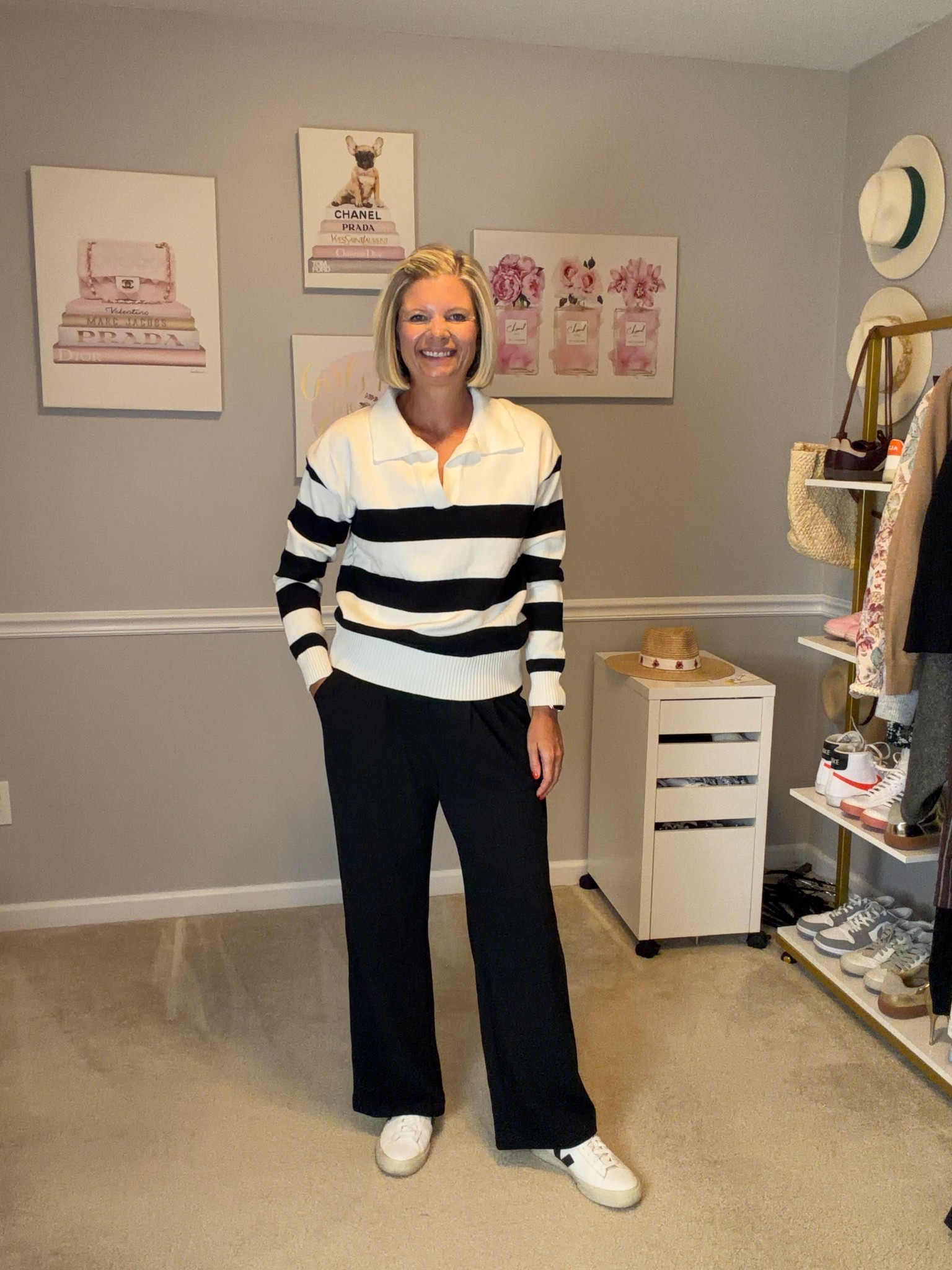 Black straight leg trousers TTS M
Black and white stripped swear

Business casual workwear outfit 

#LTKWorkwear #LTKTravel #LTKMidsize