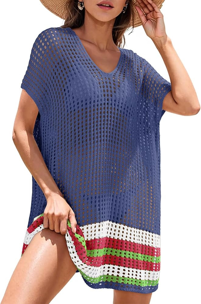 Dokotoo Women's Swimwear Beach Bikini Swimsuit Color Block Cover-ups Crochet Striped Side Split M... | Amazon (US)