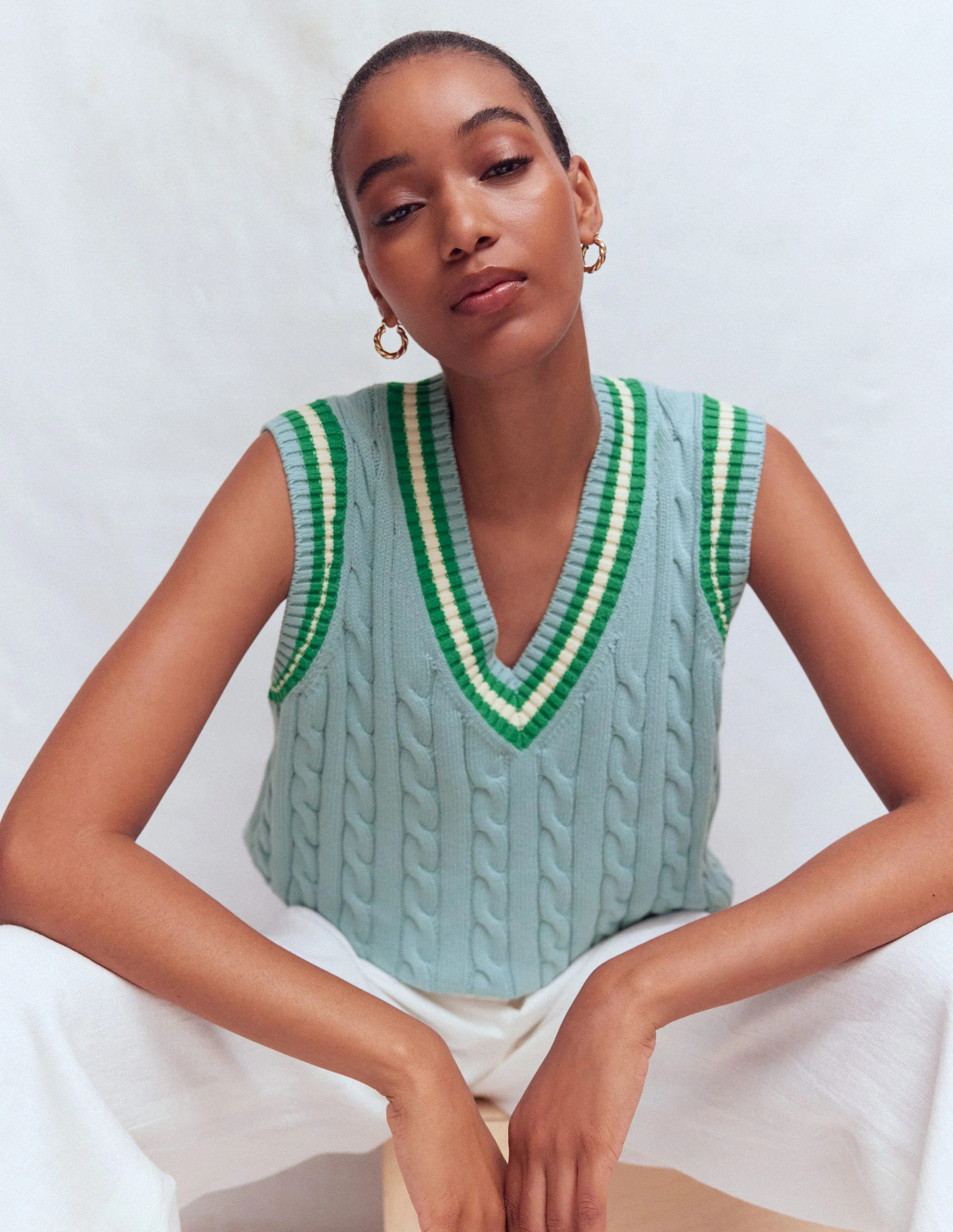 Maeve Cable V Neck Tank-Blue, Green | Boden (US)