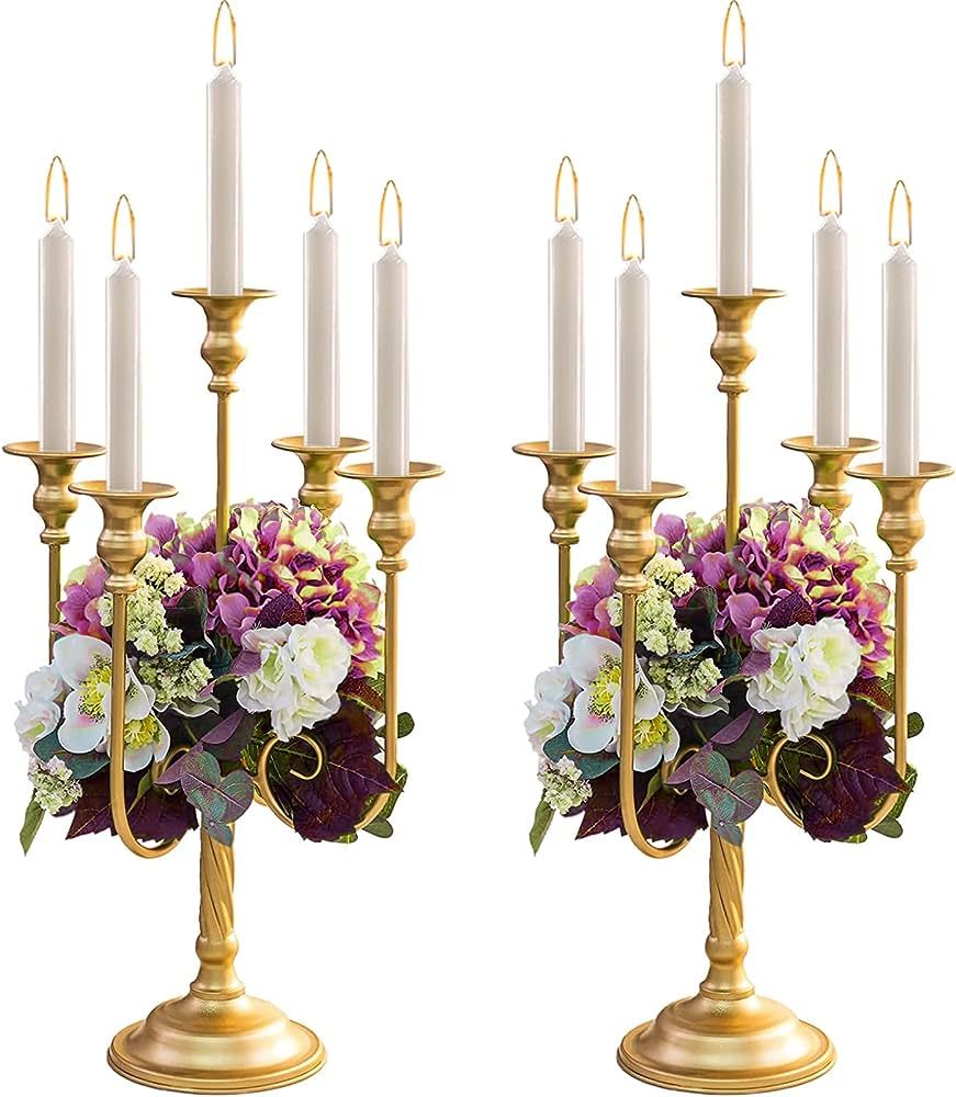 Metal Candelabra Gold Candle Stand 20in Tall, 5-Candle Candlestick Holder for Taper Candles, Cand... | Amazon (US)
