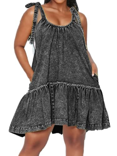 Denim Dress for Women Tie Shoulder Sleeveless Denim Mini Dress Casual Flowy Babydoll Dress Wash J... | Amazon (US)