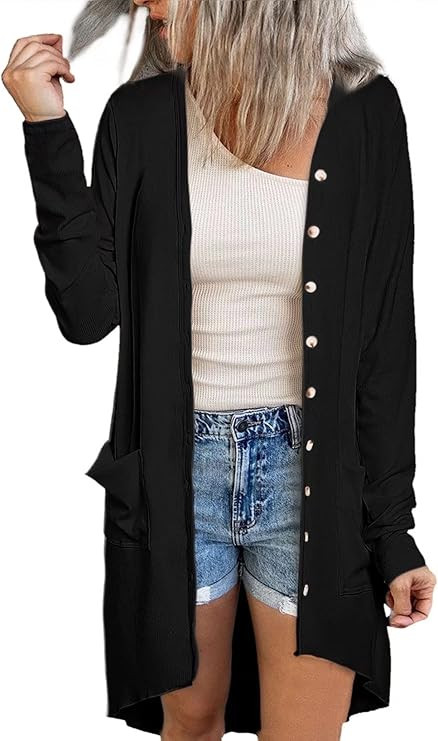 Sidefeel Women Long Sleeve Solid Color Button Down Knit Ribbed Cardigans Outwear | Amazon (US)
