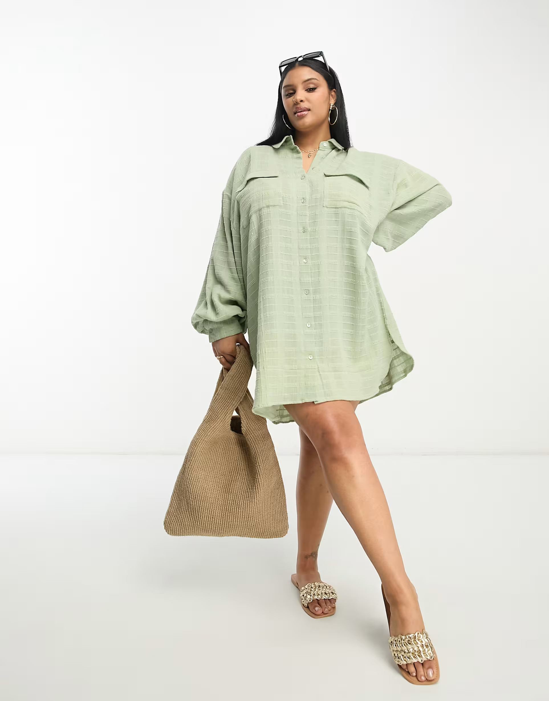 ASOS DESIGN Curve textured plaid mini shirt dress in sage | ASOS (Global)