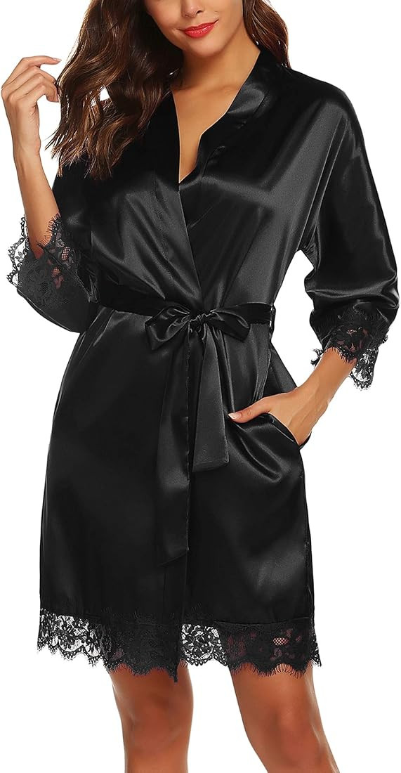 URRU Women's Satin Silk Bathrobe Oblique V-Neck Short Kimono Robe Bridesmaids Robe S-XXXL | Amazon (US)