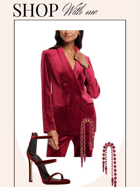 Red velvet suit express. High heel sandals. Statement earrings  

#LTKsalealert #LTKGiftGuide #LTKHoliday
