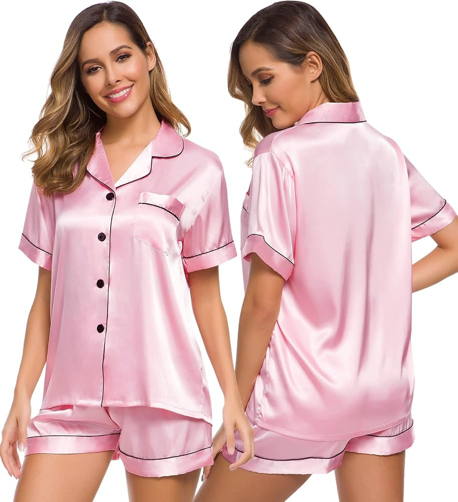 SWOMOG Womens Silk Satin Pajamas Set Two-piece Pj Sets Sleepwear Loungewear Button-Down Pj Sets | Amazon (US)