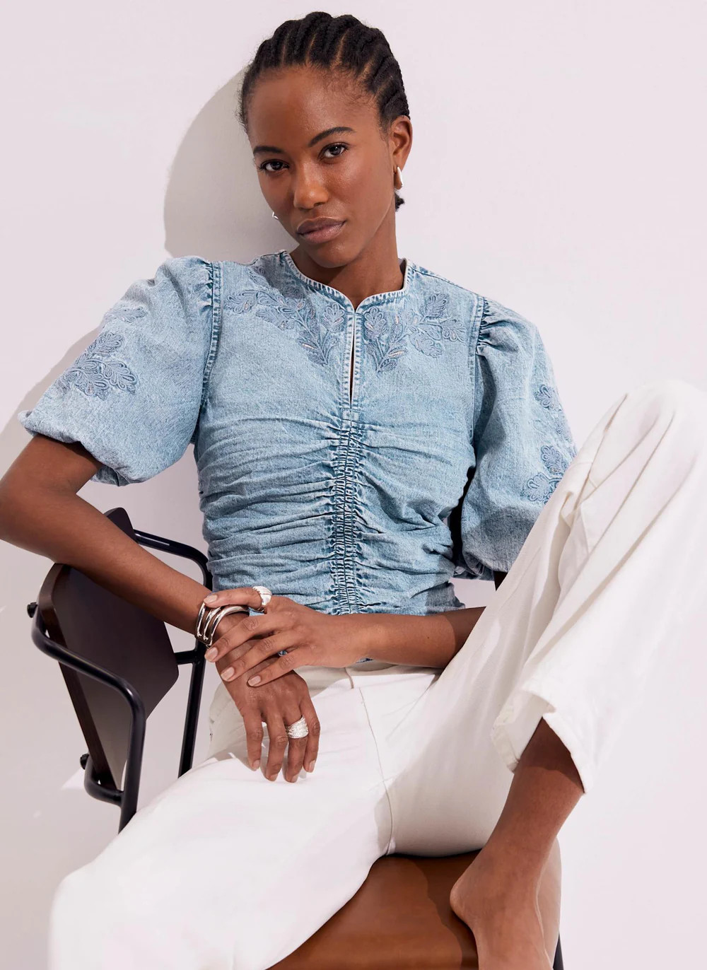 Indigo Denim Embroidered Top | Mint Velvet