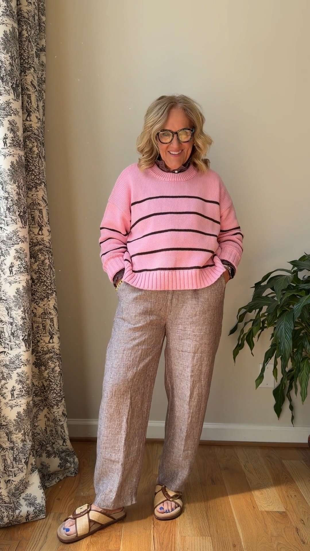 This is one of my favorite kinds of outfits, comfortable, simple, but still put together 💗

A lightweight sweater paired with relaxed trousers is such an easy go-to. It’s perfect for those in-between days when you want to feel cozy but still look polished.

I love how the pink adds a fun pop of color without being too bold, and the neutral pants balance everything out so the look still feels elevated and wearable.

Finished with simple sandals, this is the kind of outfit that works for everyda, errands, casual plans, or just when you want something easy that still looks styled.

Definitely a go-to formula you can keep coming back to 🙌

Everything is linked for you here 🤍 

 #LTKootd #LTKSeasonal #LTKOver40