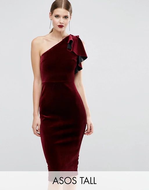 ASOS TALL PREMIUM Velvet One Shoulder Ruffle Midi Dress | ASOS US