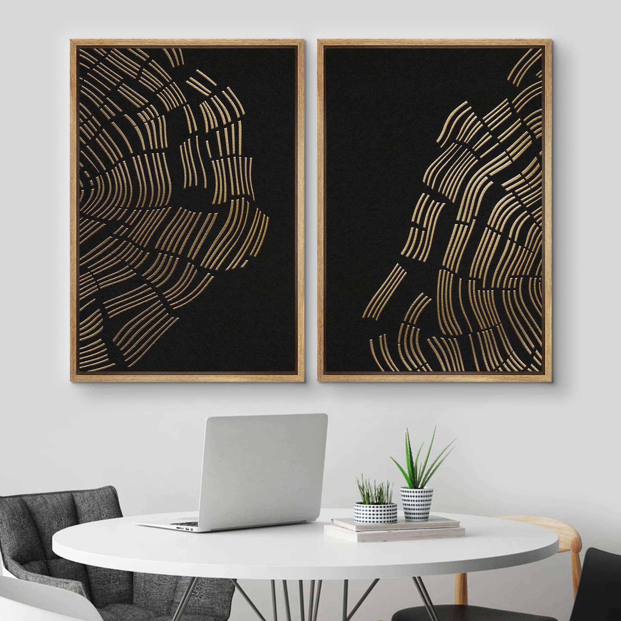 MUDECOR Framed Canvas Print Wall Art Set Gold Black Dark Forest Wood Rings Abstract Nature Illust... | Amazon (US)