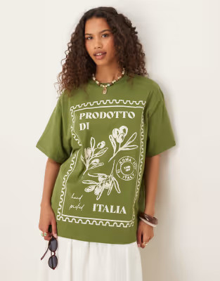 ASOS DESIGN oversized t-shirt with italia floral graphic in khaki | ASOS (Global)
