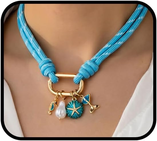 Chunky Paperclip Buckle With Ocean Charm Necklace For Women, Multicolor Dark Sky Blue Boho Double... | Amazon (US)