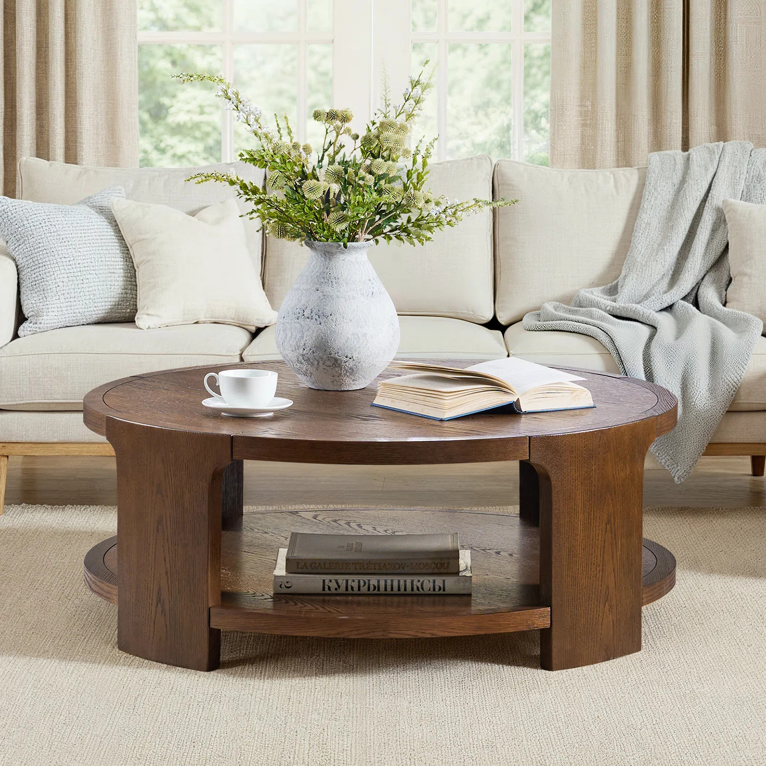 Waynesville Promise 42"W Modern Farmhouse Oak Solid Wood Round Coffee Table with Open Lower Shelf | Wayfair North America