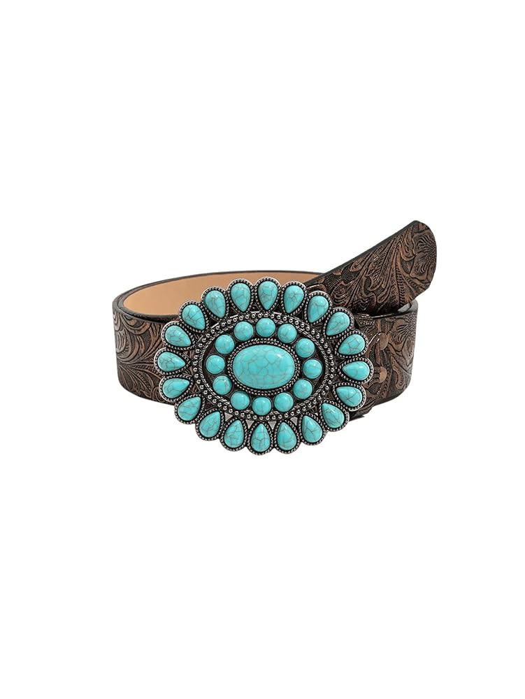 GORGLITTER Women's Western Leather Belt Vintage Turquoise Buckle Waist Belt for Dress | Amazon (US)
