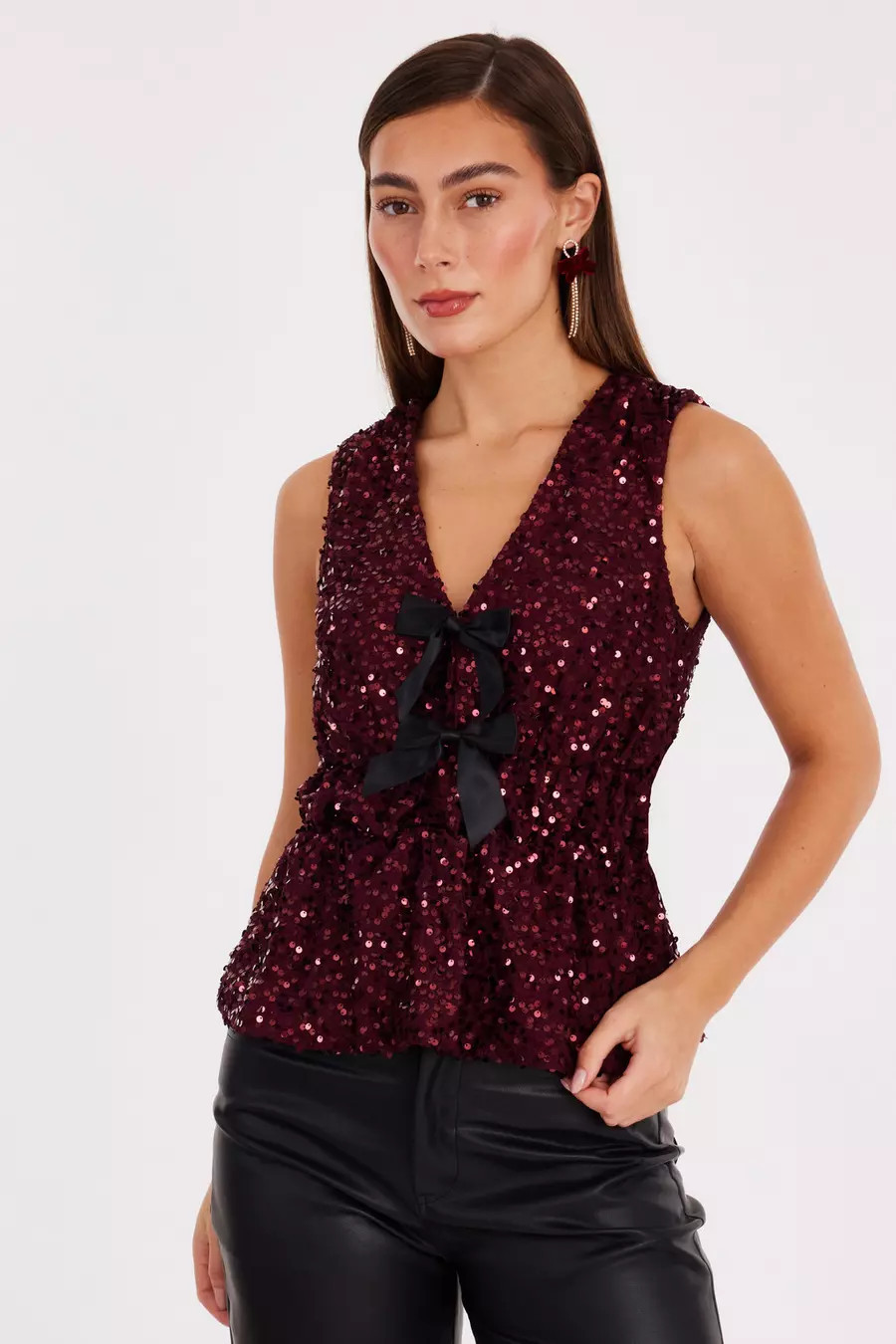 Home/Tops/Going Out Tops/Burgundy Sequin Peplum Top | Quiz Clothing